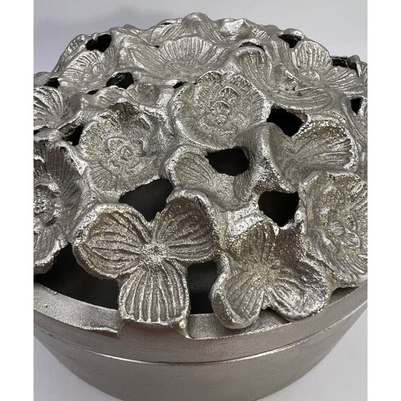 Solid 2 Piece Pewter Container W/ Lid Decor 3D Cutout Flowers, Dogwood Blooms - Picture 2 of 7